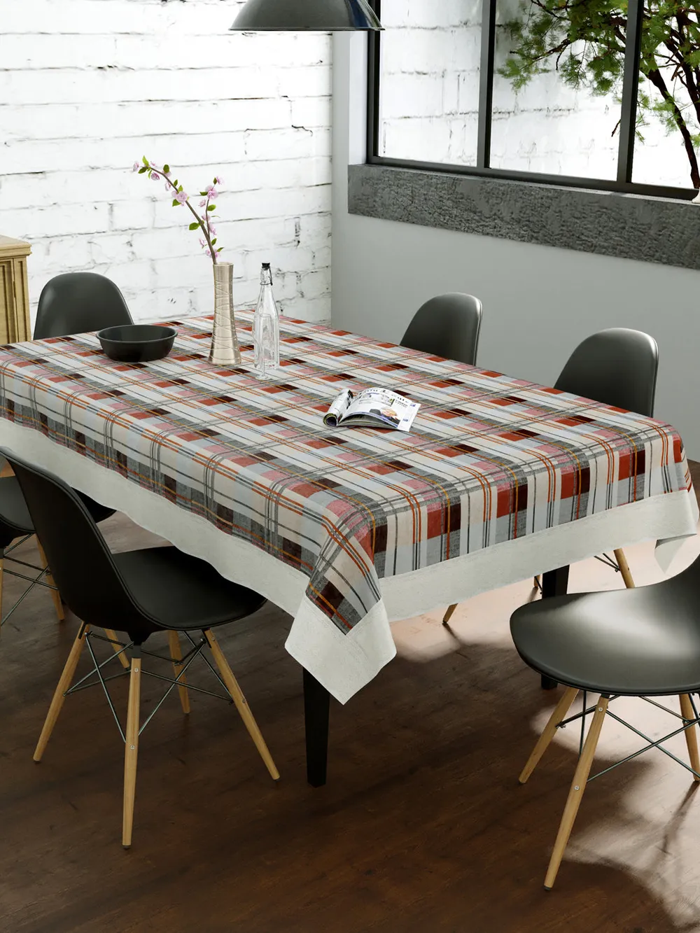 Clasiko Timeless Designer Checkered 6-Seater Table Cover in Brown & Grey