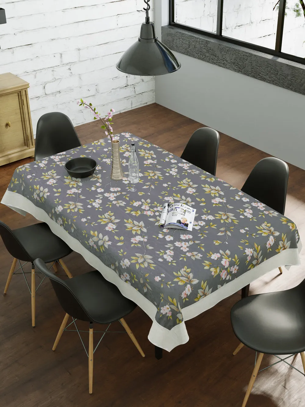 Clasiko Timeless Designer Floral 6-Seater Table Cover Grey & Yellow