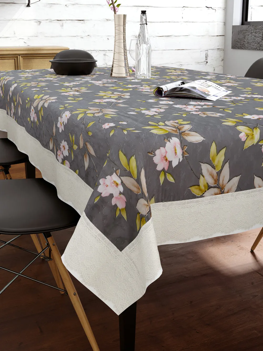 Clasiko Timeless Designer Floral 6-Seater Table Cover Grey & Yellow