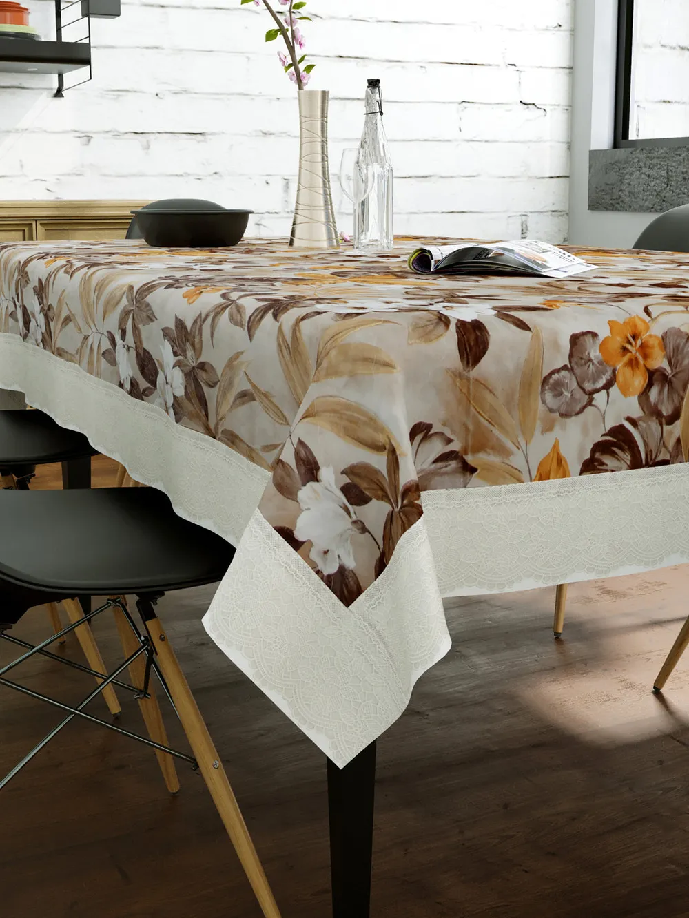 Clasiko Timeless Designer Floral 6-Seater Table Cover in Brown & Yellow