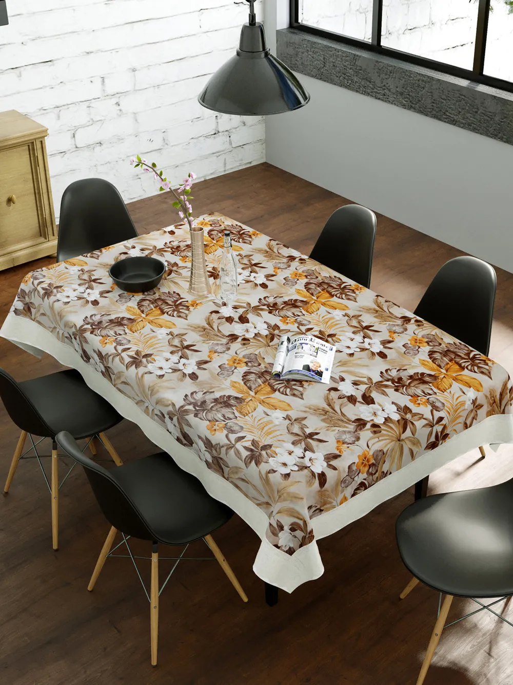 Clasiko Timeless Designer Floral 6-Seater Table Cover in Brown & Yellow