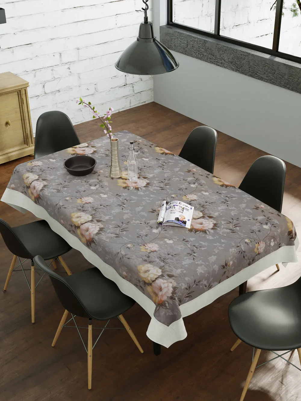 Clasiko Timeless Designer Floral 6-Seater Table Cover in Grey