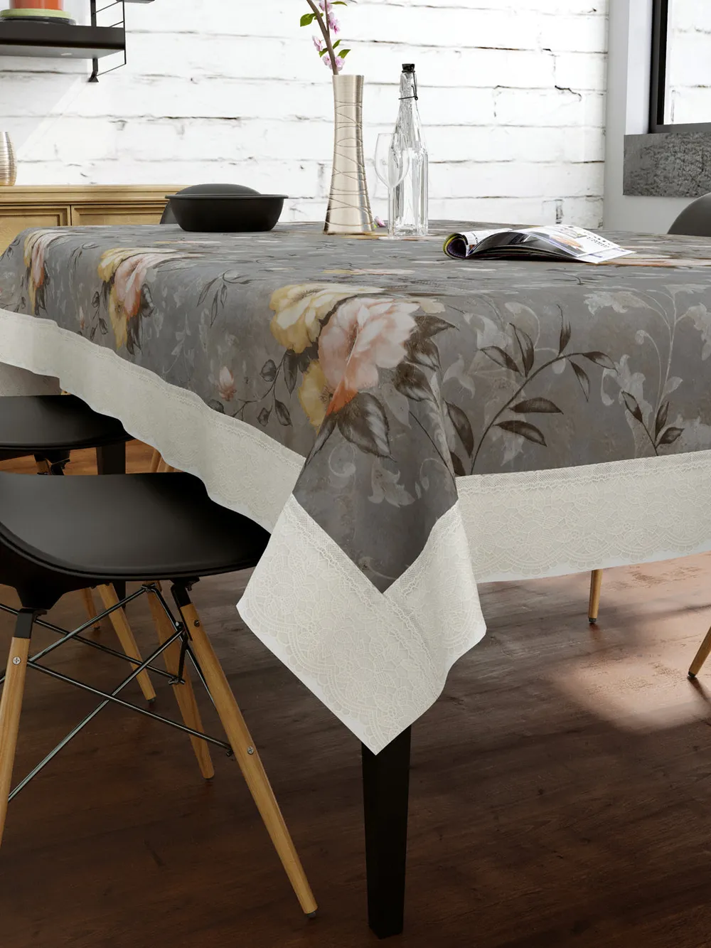 Clasiko Timeless Designer Floral 6-Seater Table Cover in Grey