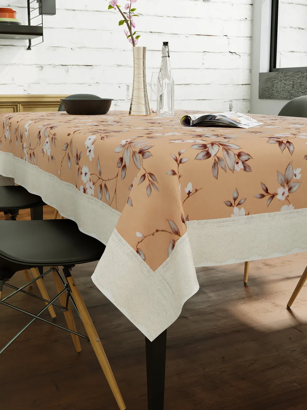 Clasiko Timeless Designer Floral 6-Seater Table Cover in Peach