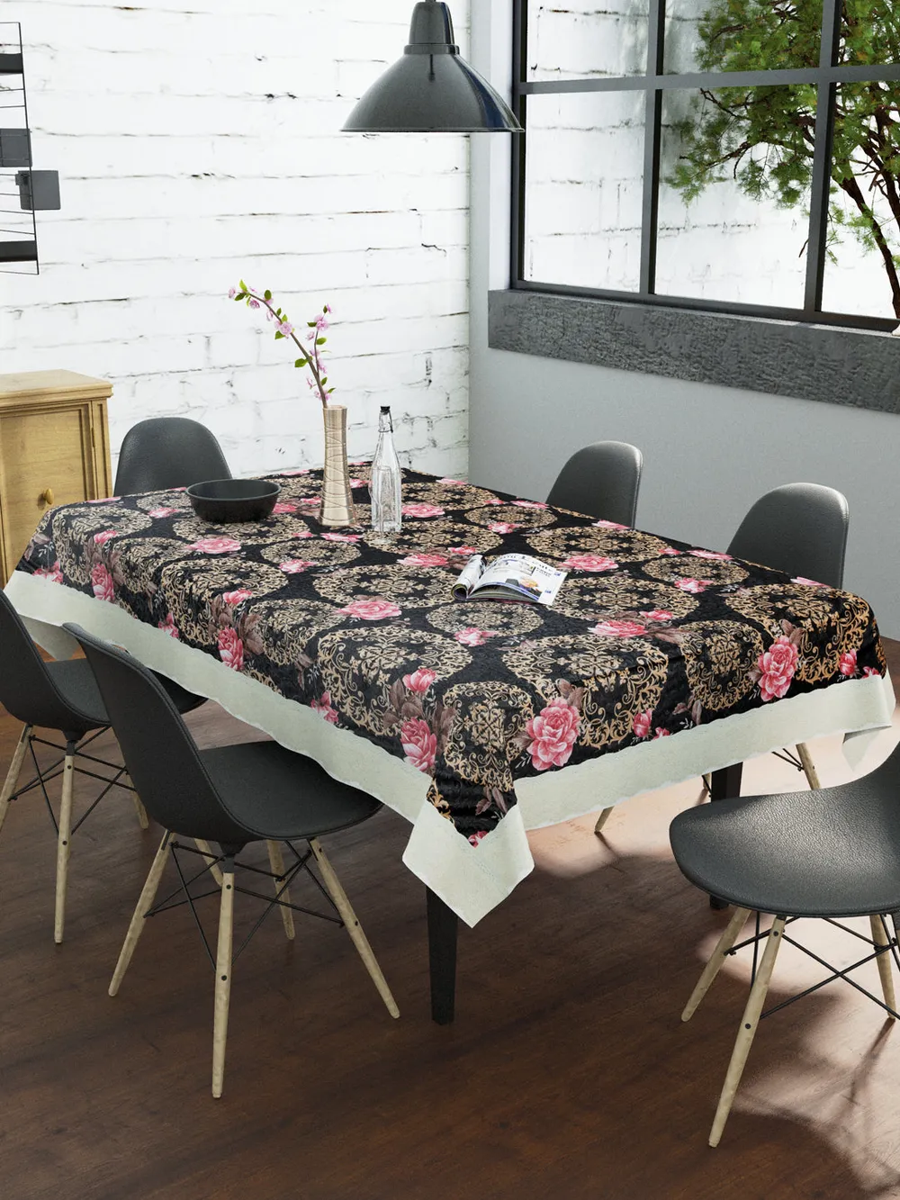 Clasiko Timeless Designer Floral Black 6-Seater Table Cover