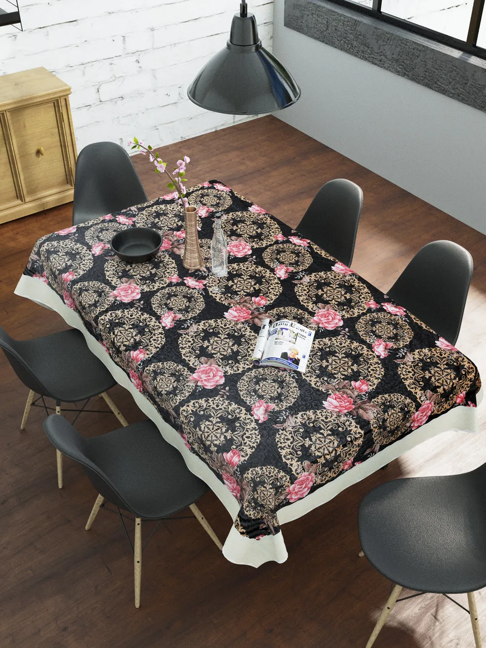 Clasiko Timeless Designer Floral Black 6-Seater Table Cover