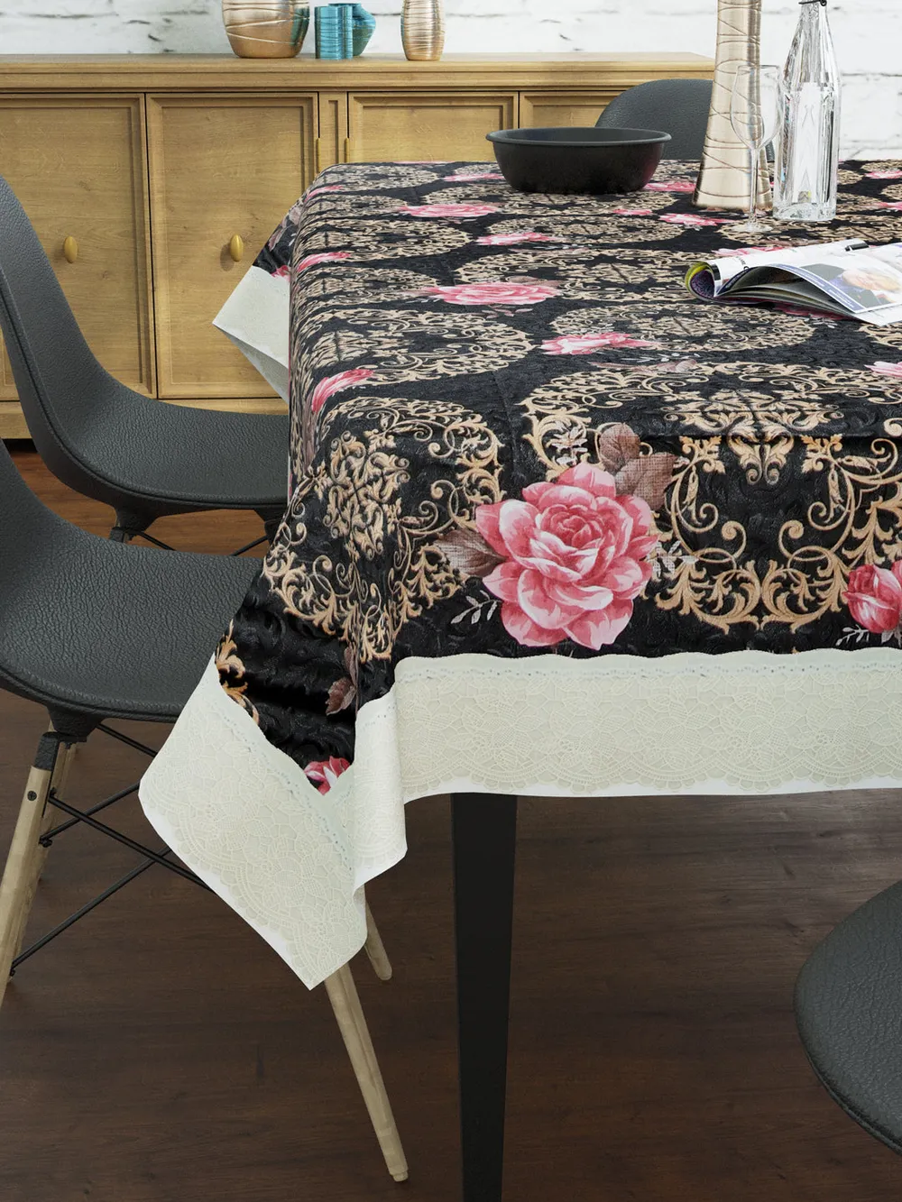 Clasiko Timeless Designer Floral Black 6-Seater Table Cover