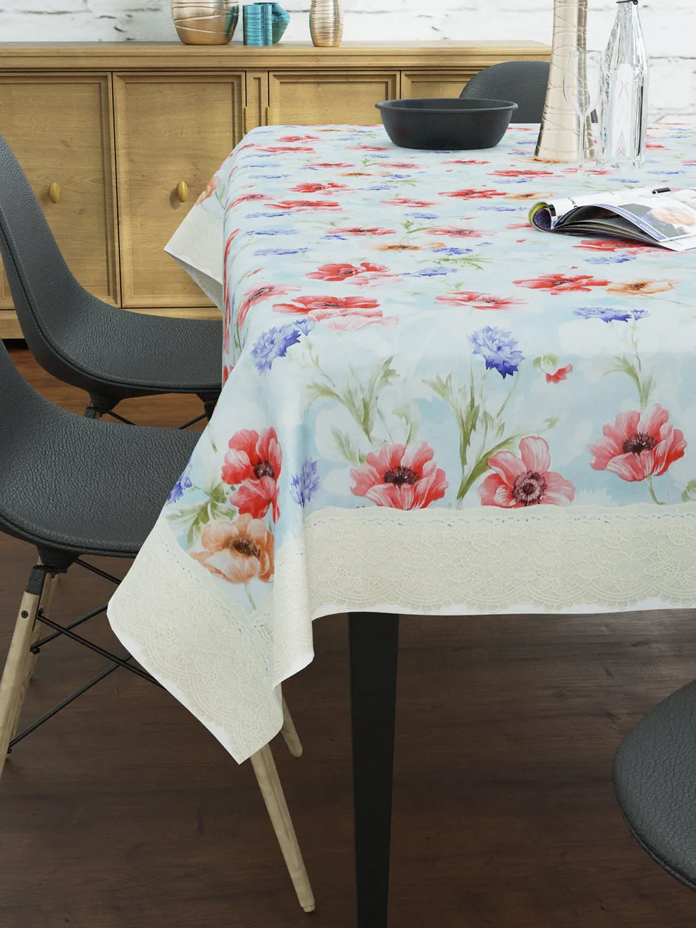Clasiko Timeless Designer Floral Blue & Pink 6-Seater Table Cover