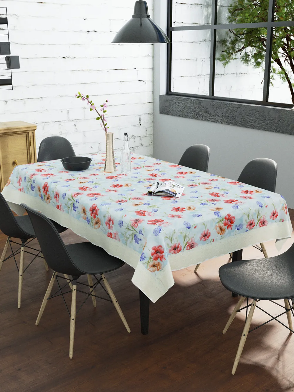 Clasiko Timeless Designer Floral Blue & Pink 6-Seater Table Cover