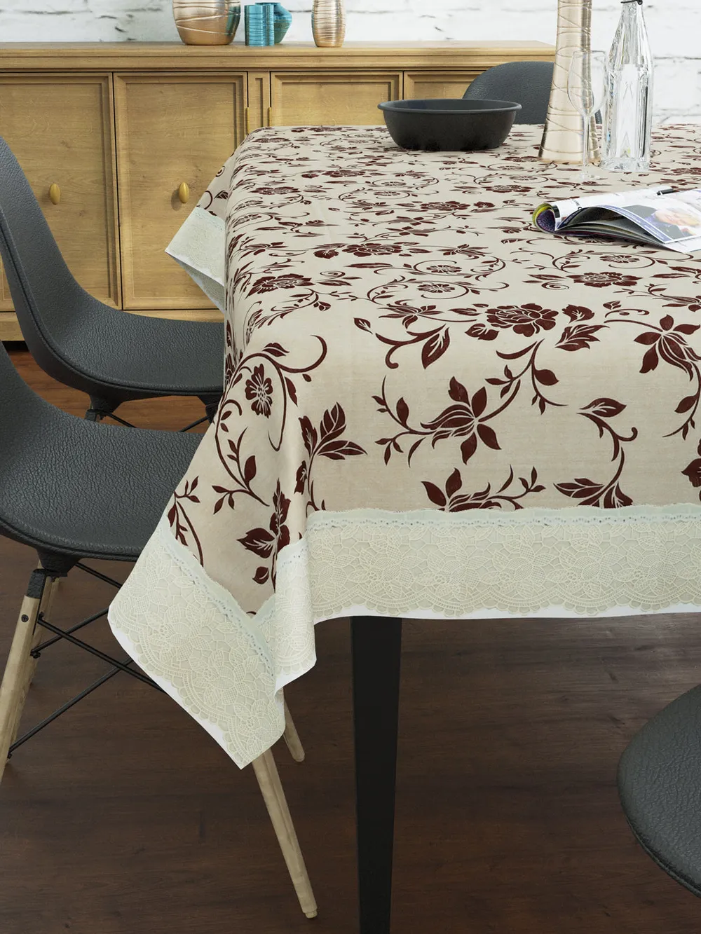 Clasiko Timeless Designer Floral Brown & Beige 6-Seater Table Cover