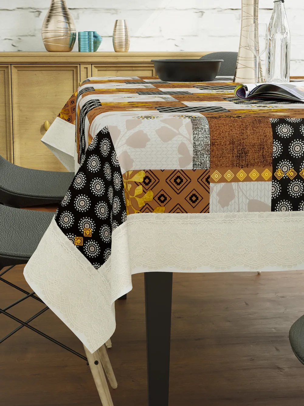 Clasiko Timeless Designer Floral Brown & Black 6-Seater Table Cover