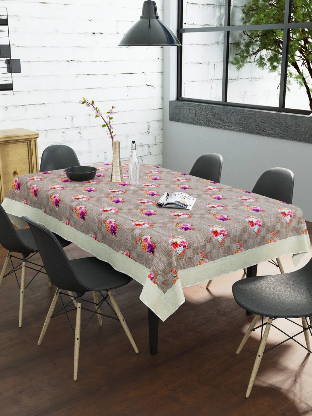 Clasiko Timeless Designer Floral Brown & Pink 6-Seater Table Cover
