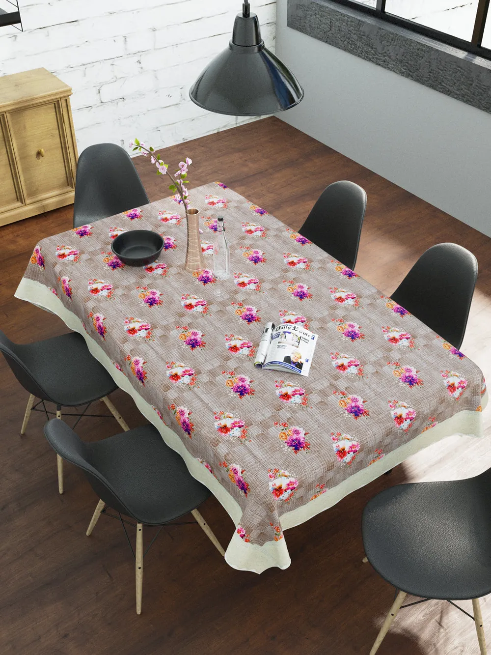 Clasiko Timeless Designer Floral Brown & Pink 6-Seater Table Cover