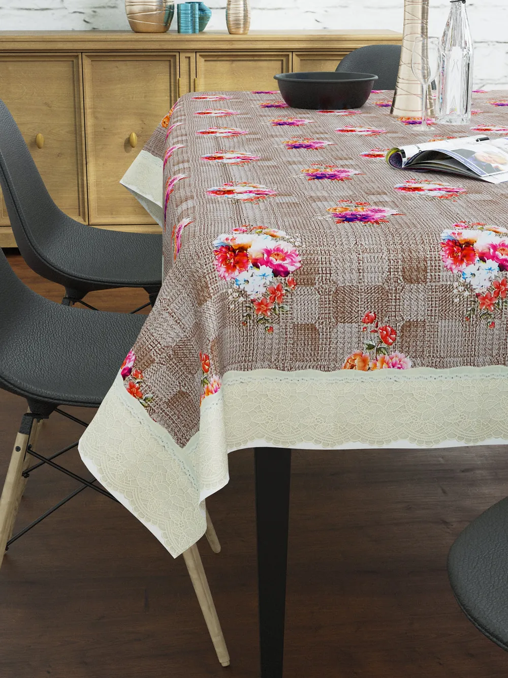 Clasiko Timeless Designer Floral Brown & Pink 6-Seater Table Cover