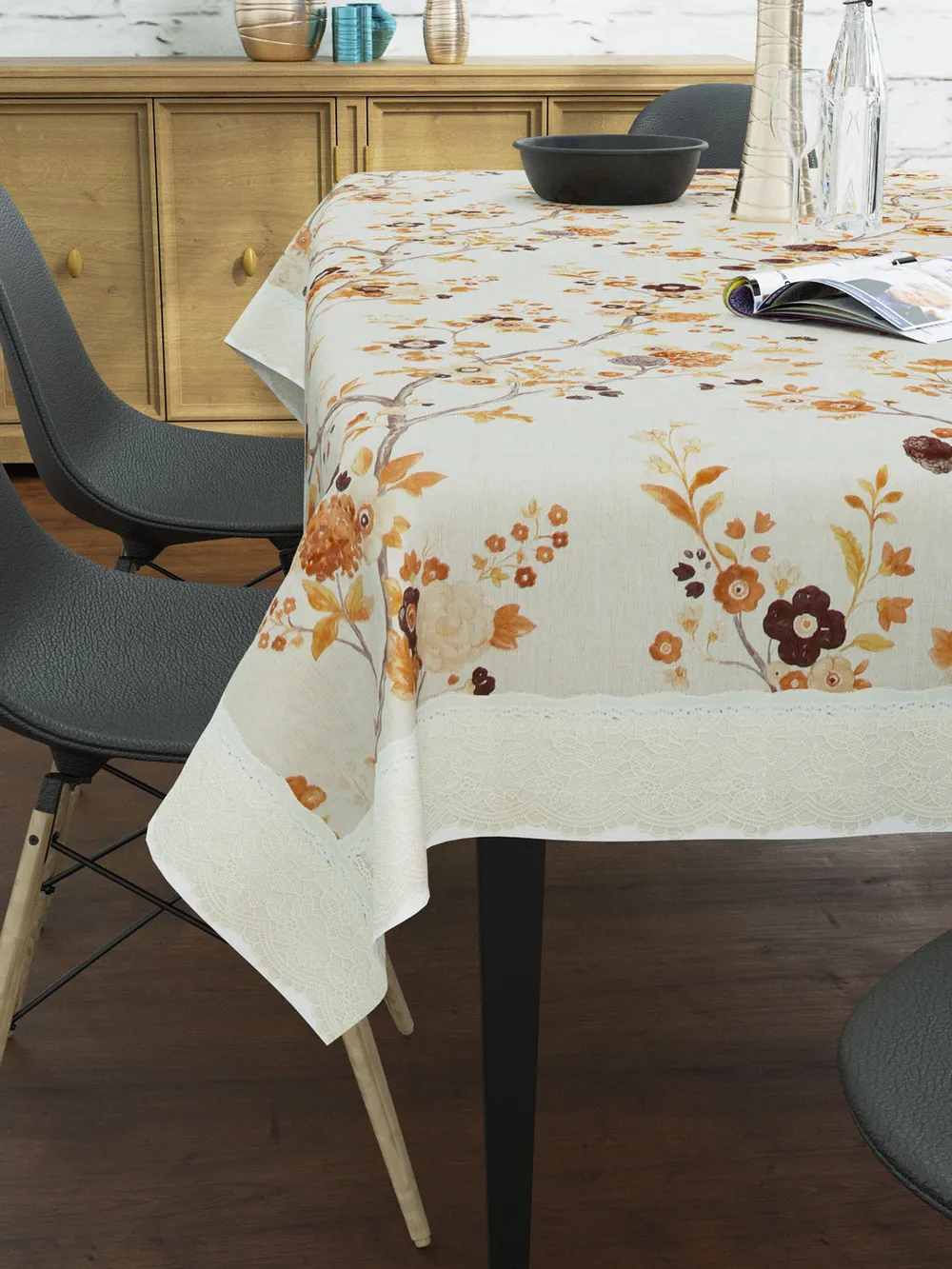 Clasiko Timeless Designer Floral Orange 6-Seater Table Cover