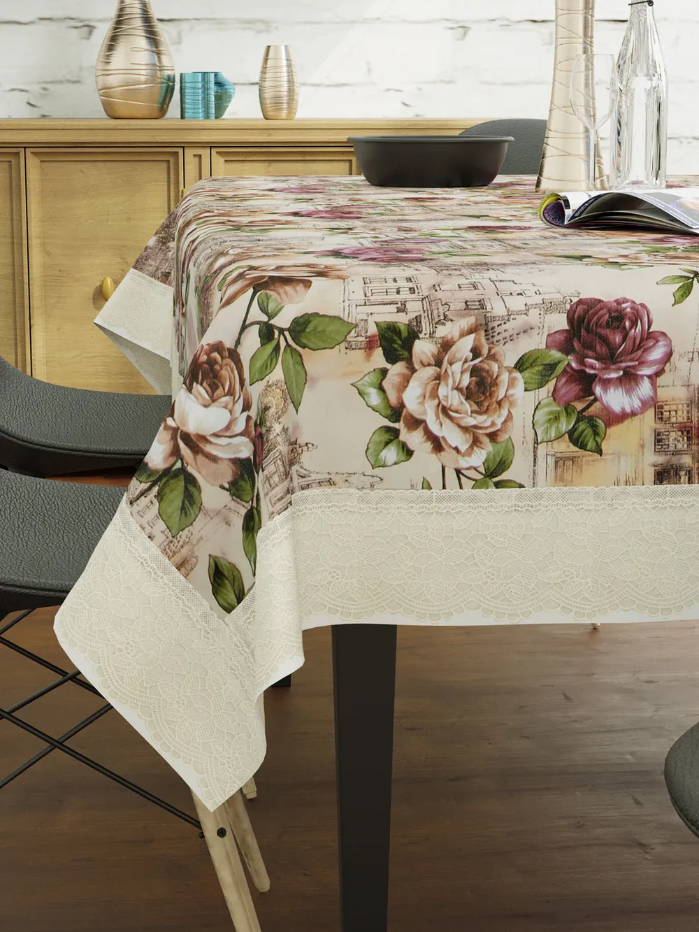 Clasiko Timeless Designer Floral Pink & Brown 6-Seater Table Cover