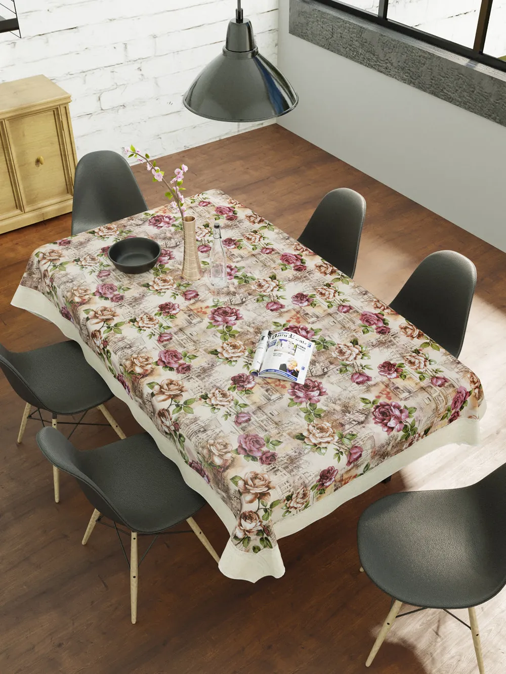 Clasiko Timeless Designer Floral Pink & Brown 6-Seater Table Cover