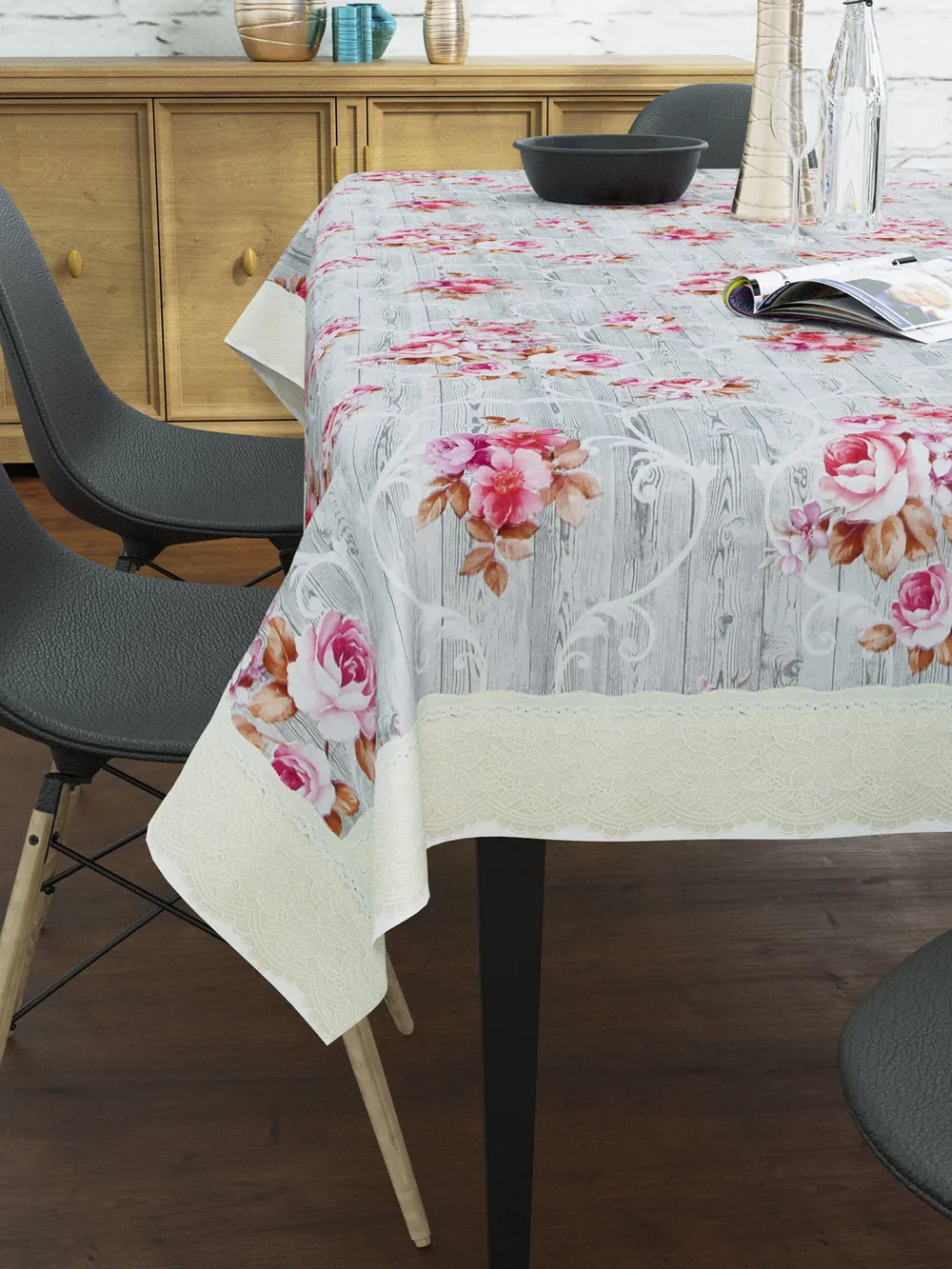 Clasiko Timeless Designer Floral Pink & Grey 6-Seater Table Cover