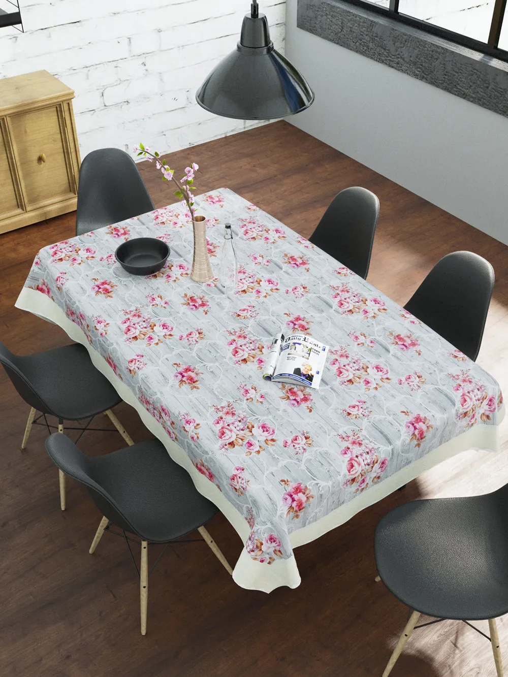 Clasiko Timeless Designer Floral Pink & Grey 6-Seater Table Cover