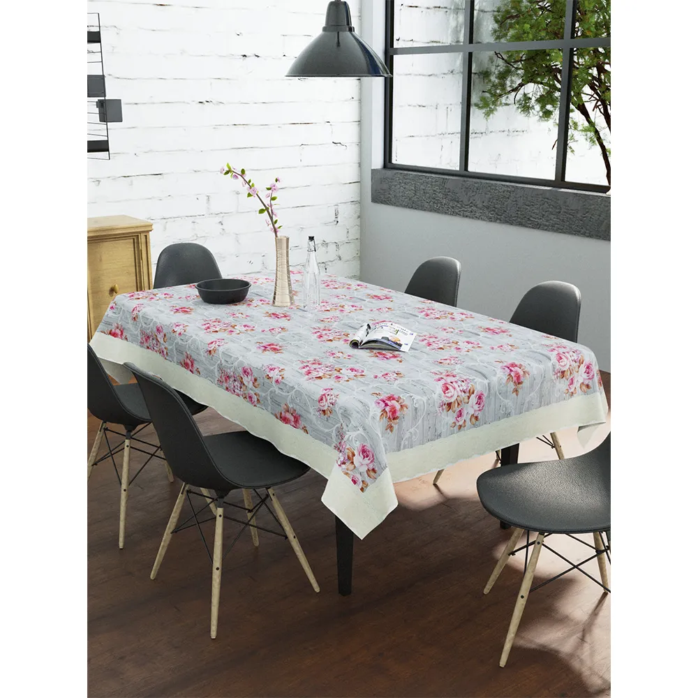 Clasiko Timeless Designer Floral Pink & Grey 6-Seater Table Cover