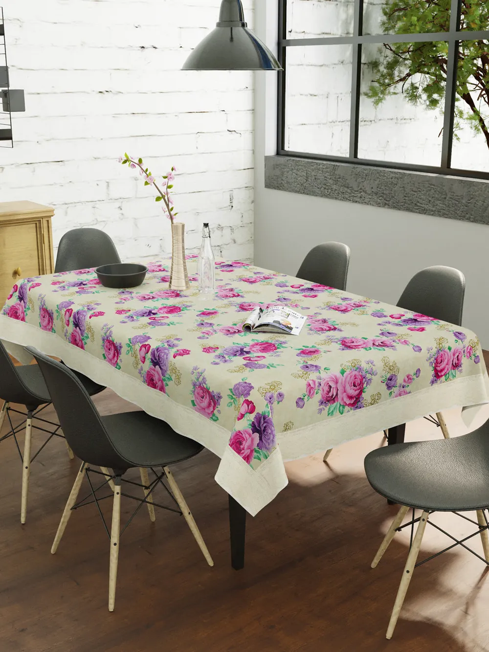 Clasiko Timeless Designer Floral Pink & Purple 6-Seater Table Cover
