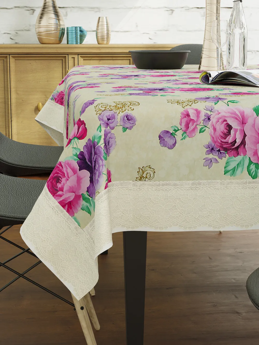 Clasiko Timeless Designer Floral Pink & Purple 6-Seater Table Cover