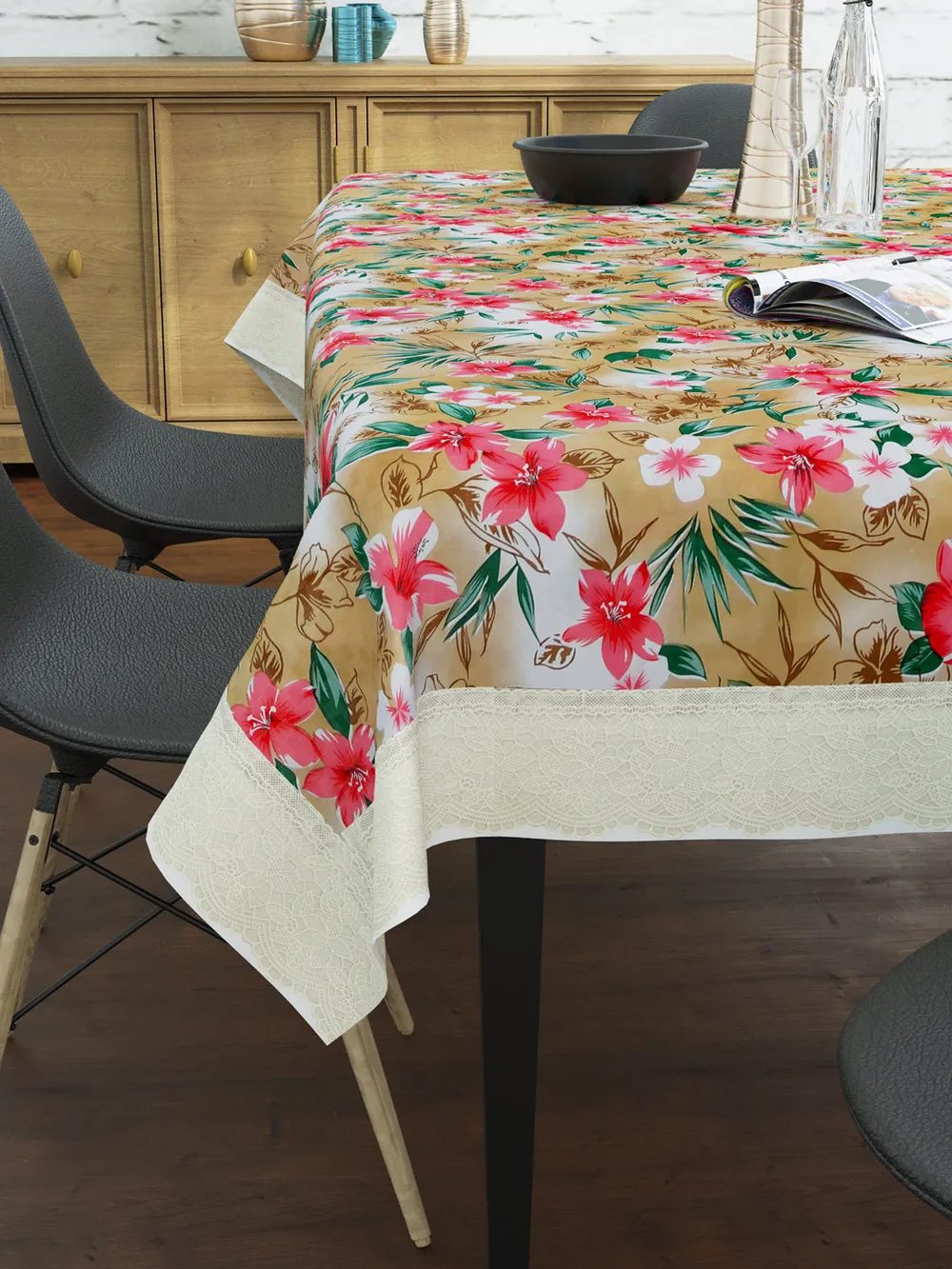 Clasiko Timeless Designer Pink & Mustard Lily 6-Seater Table Cover