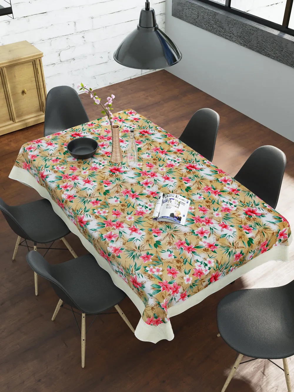 Clasiko Timeless Designer Pink & Mustard Lily 6-Seater Table Cover