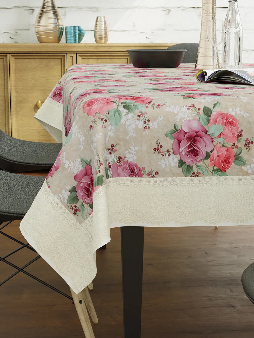 Clasiko Timeless Designer Pink Rose 6-Seater Table Cover