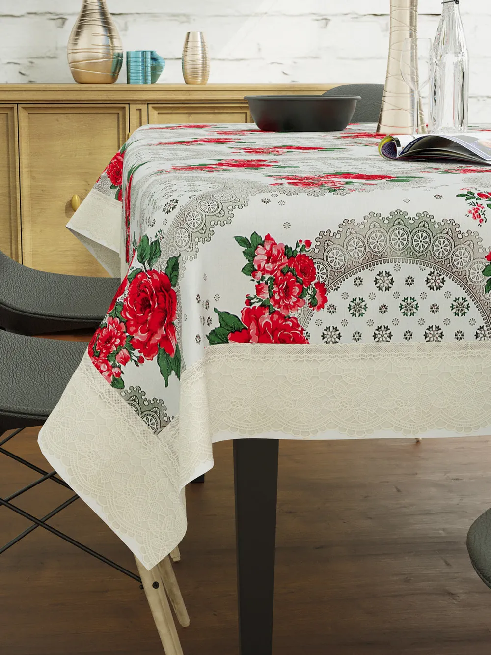 Clasiko Timeless Designer Red Rose 6-Seater Table Cover
