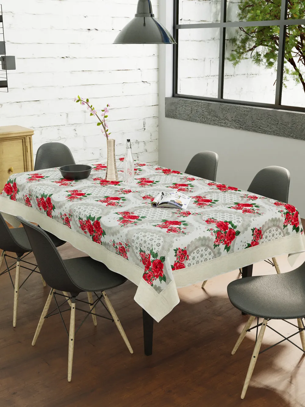 Clasiko Timeless Designer Red Rose 6-Seater Table Cover