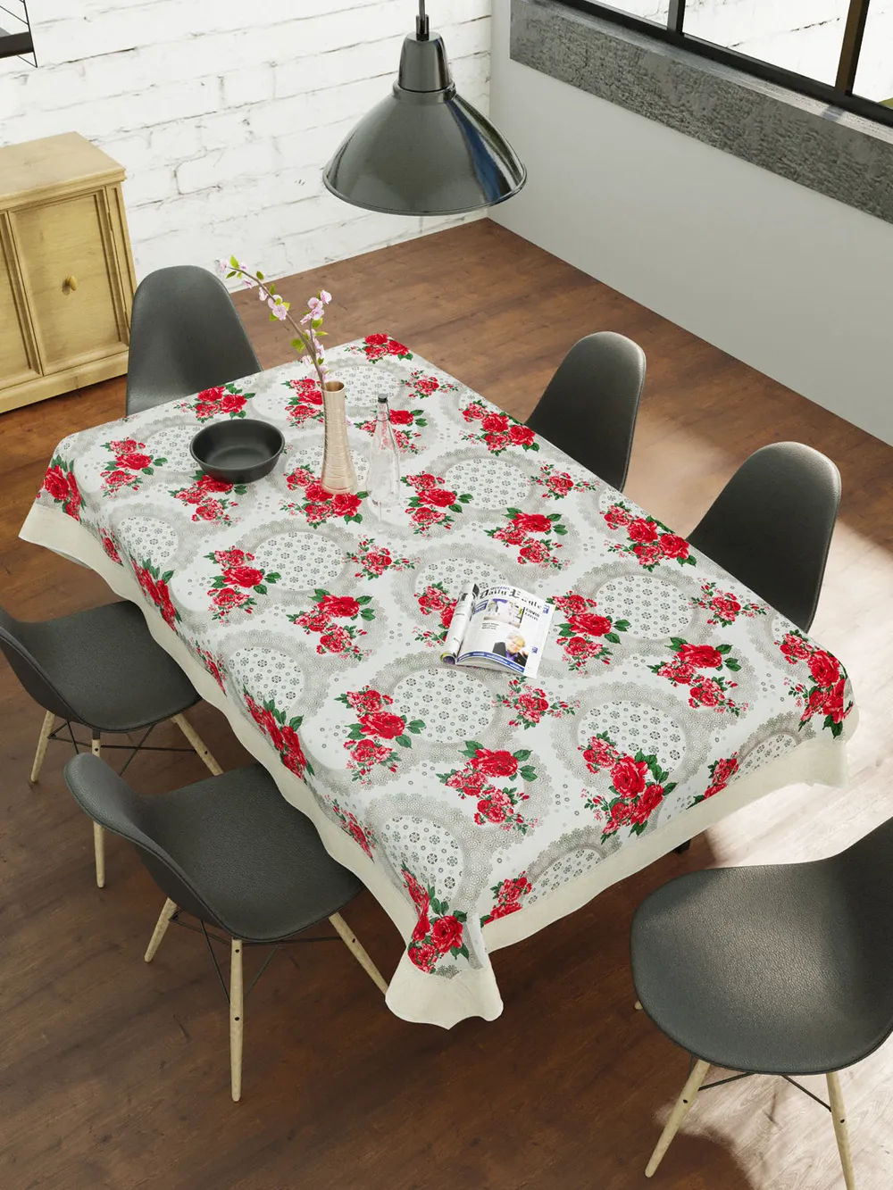 Clasiko Timeless Designer Red Rose 6-Seater Table Cover