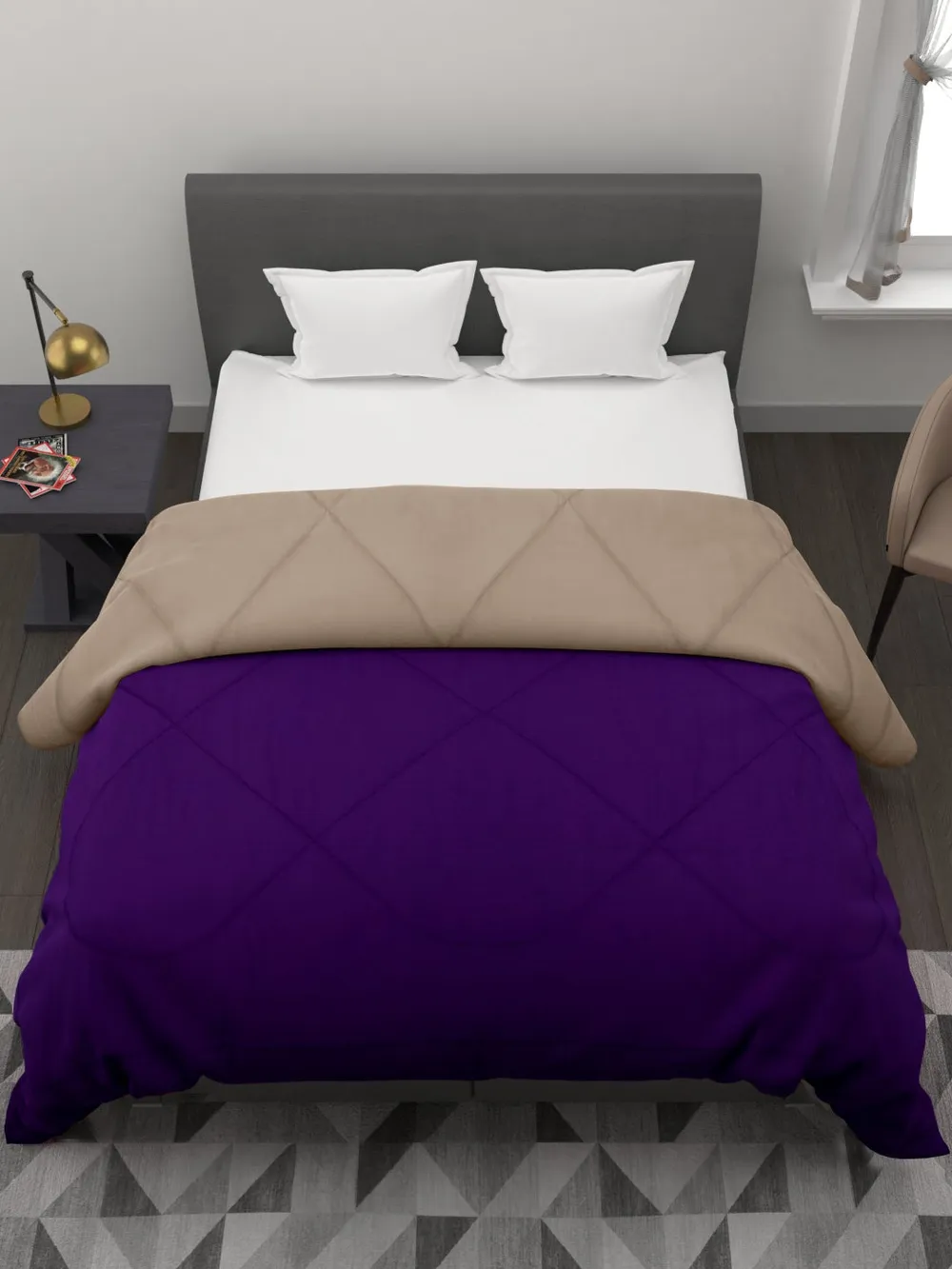 Clasiko Violet & Beige King Size Double Bed Reversible Comforter- 220 GSM