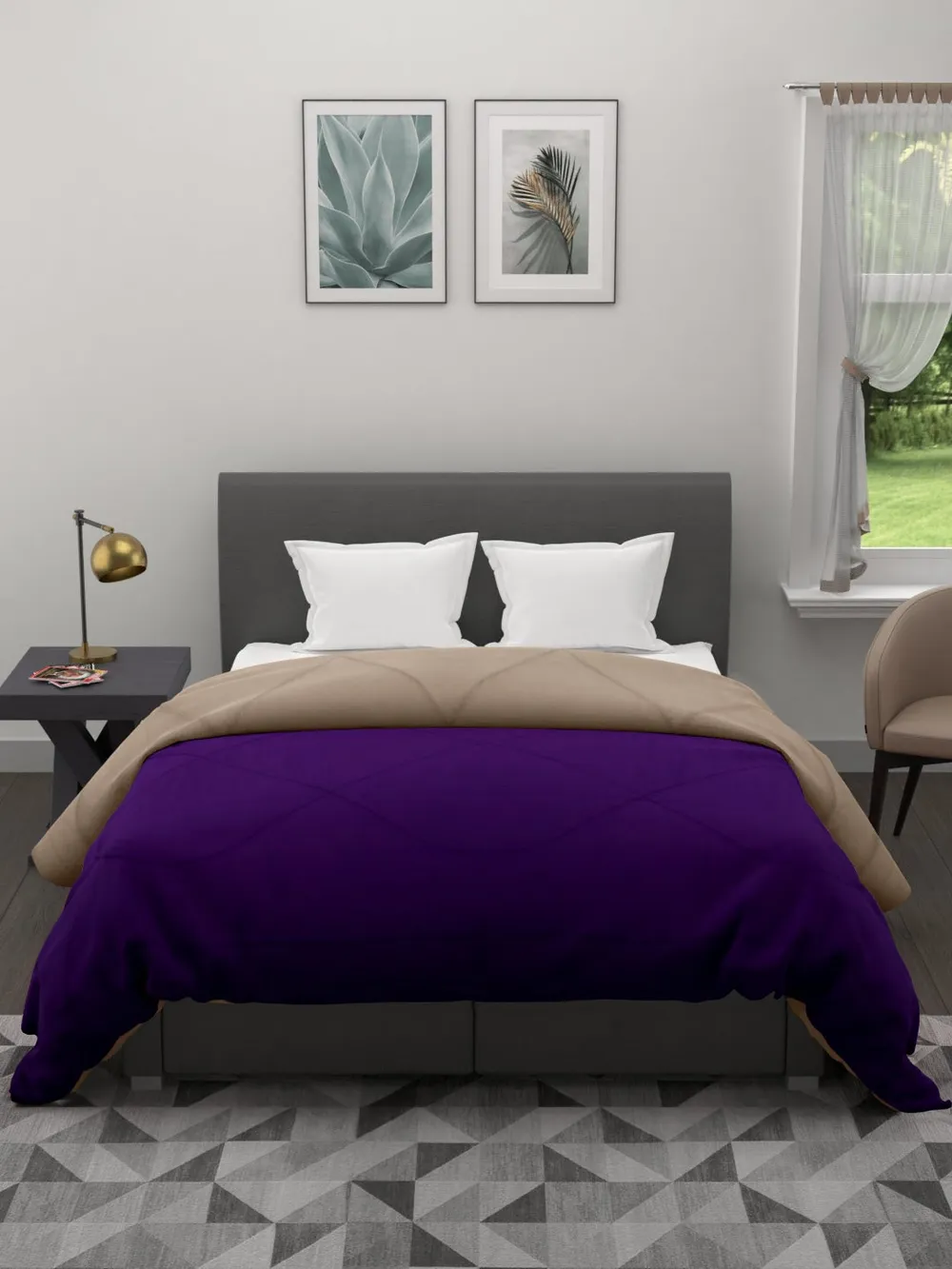 Clasiko Violet & Beige King Size Double Bed Reversible Comforter- 220 GSM