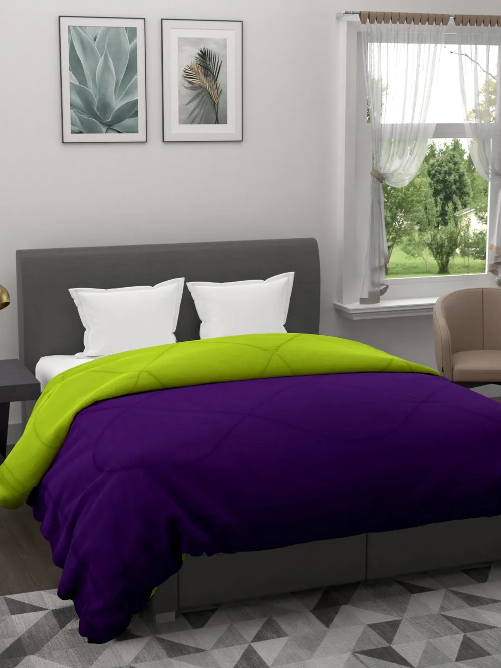 Clasiko Violet & Florescent Green King Size Double Bed Reversible Comforter- 220 GSM