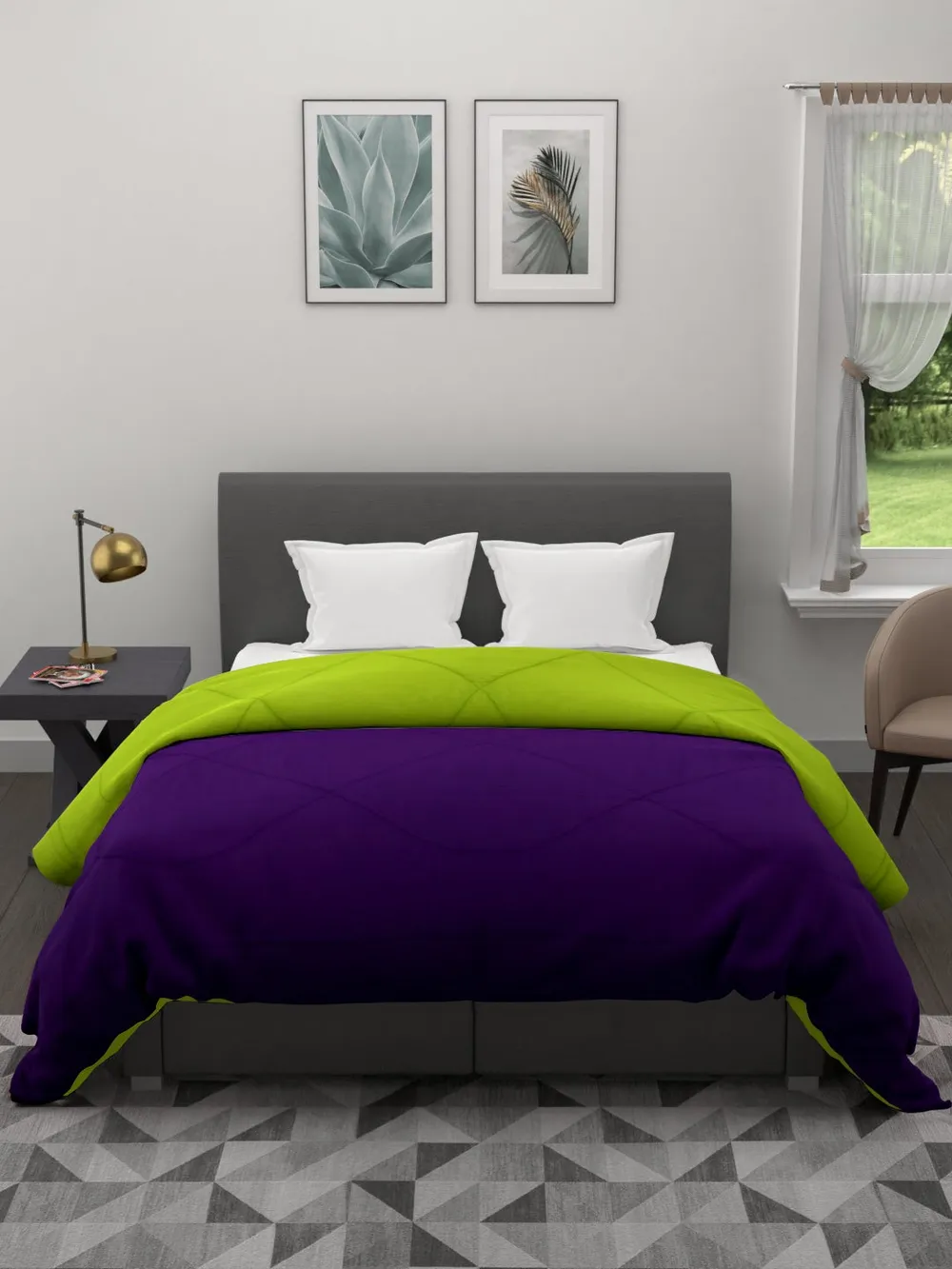 Clasiko Violet & Florescent Green King Size Double Bed Reversible Comforter- 220 GSM