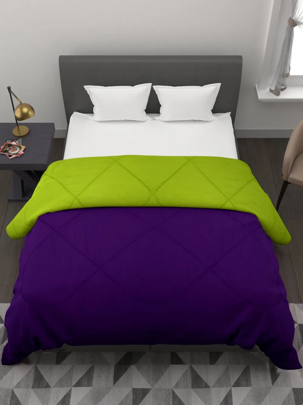 Clasiko Violet & Florescent Green King Size Double Bed Reversible Comforter- 220 GSM