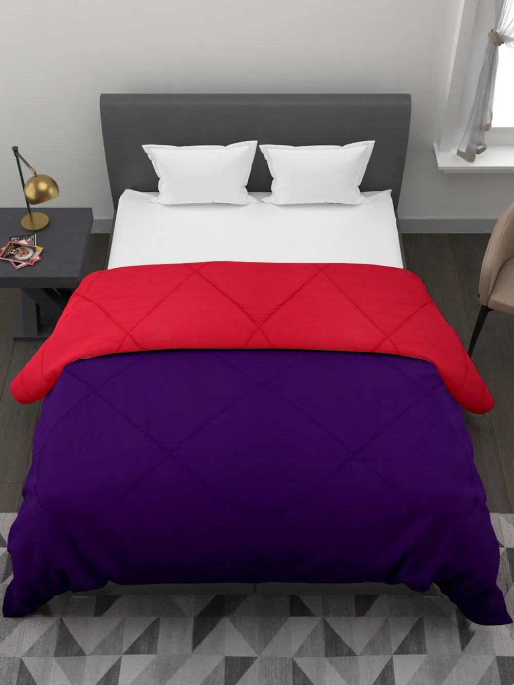 Clasiko Violet & Hot Red King Size Double Bed Reversible Comforter- 220 GSM