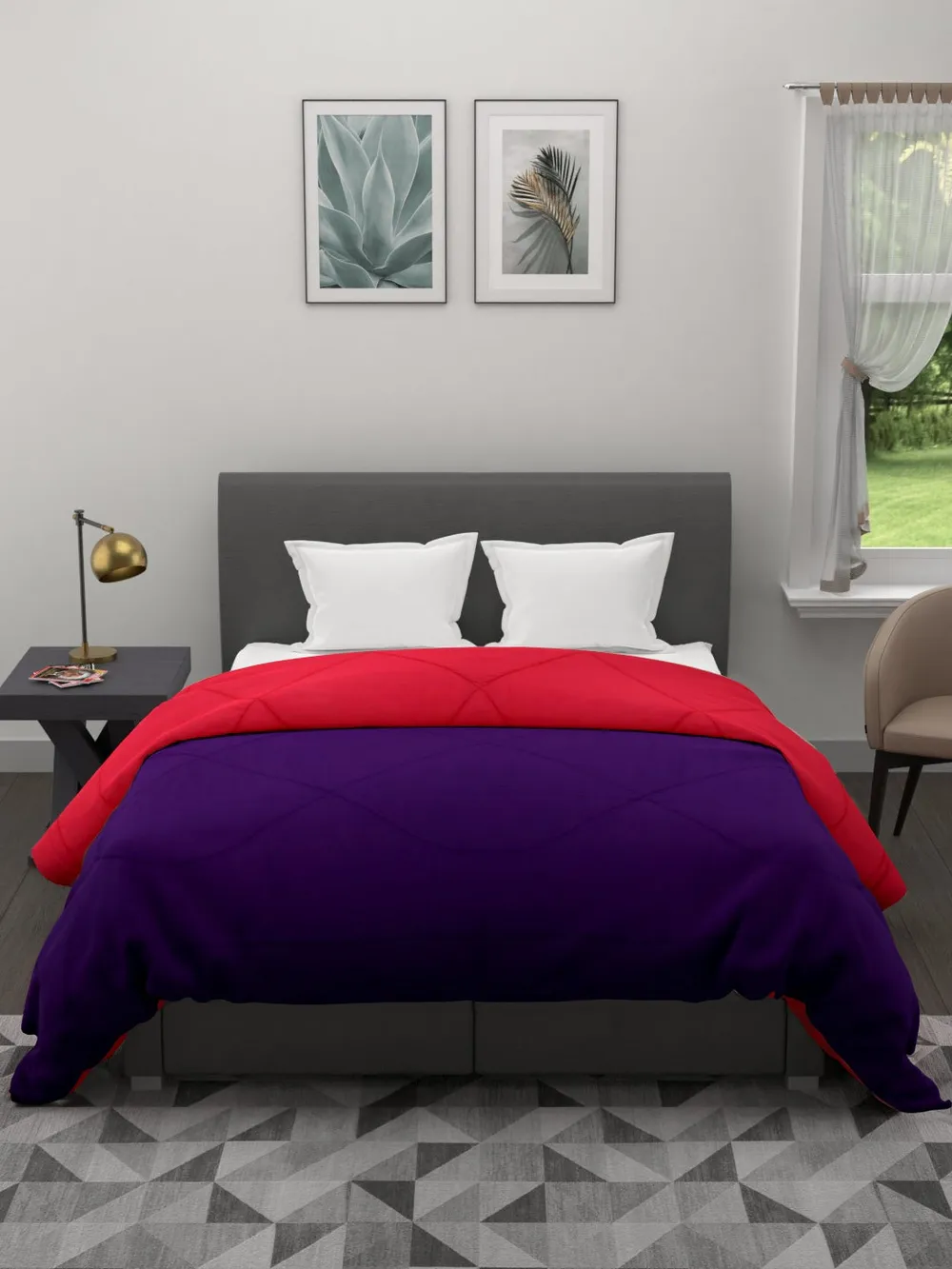 Clasiko Violet & Hot Red King Size Double Bed Reversible Comforter- 220 GSM