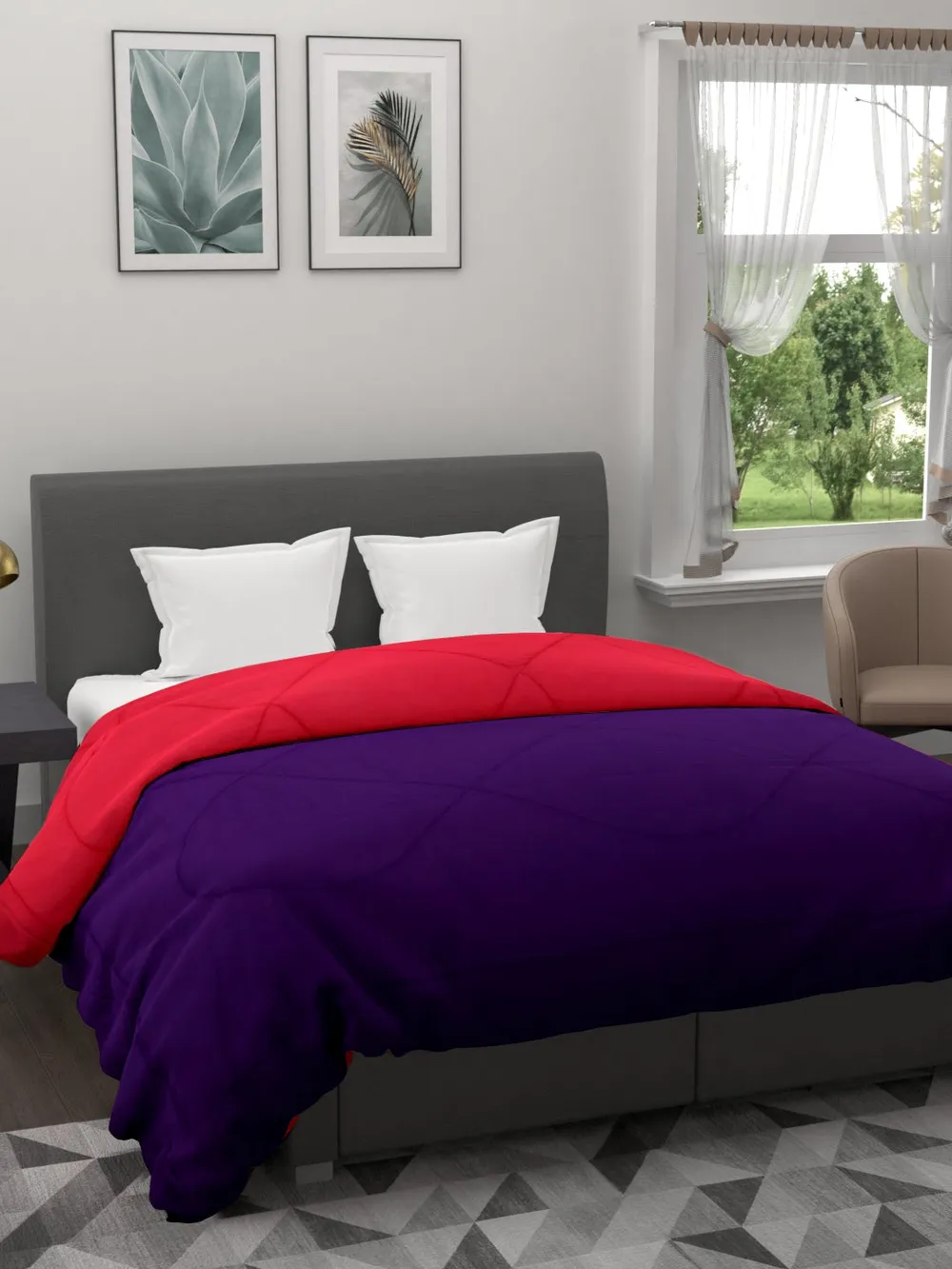 Clasiko Violet & Hot Red King Size Double Bed Reversible Comforter- 220 GSM