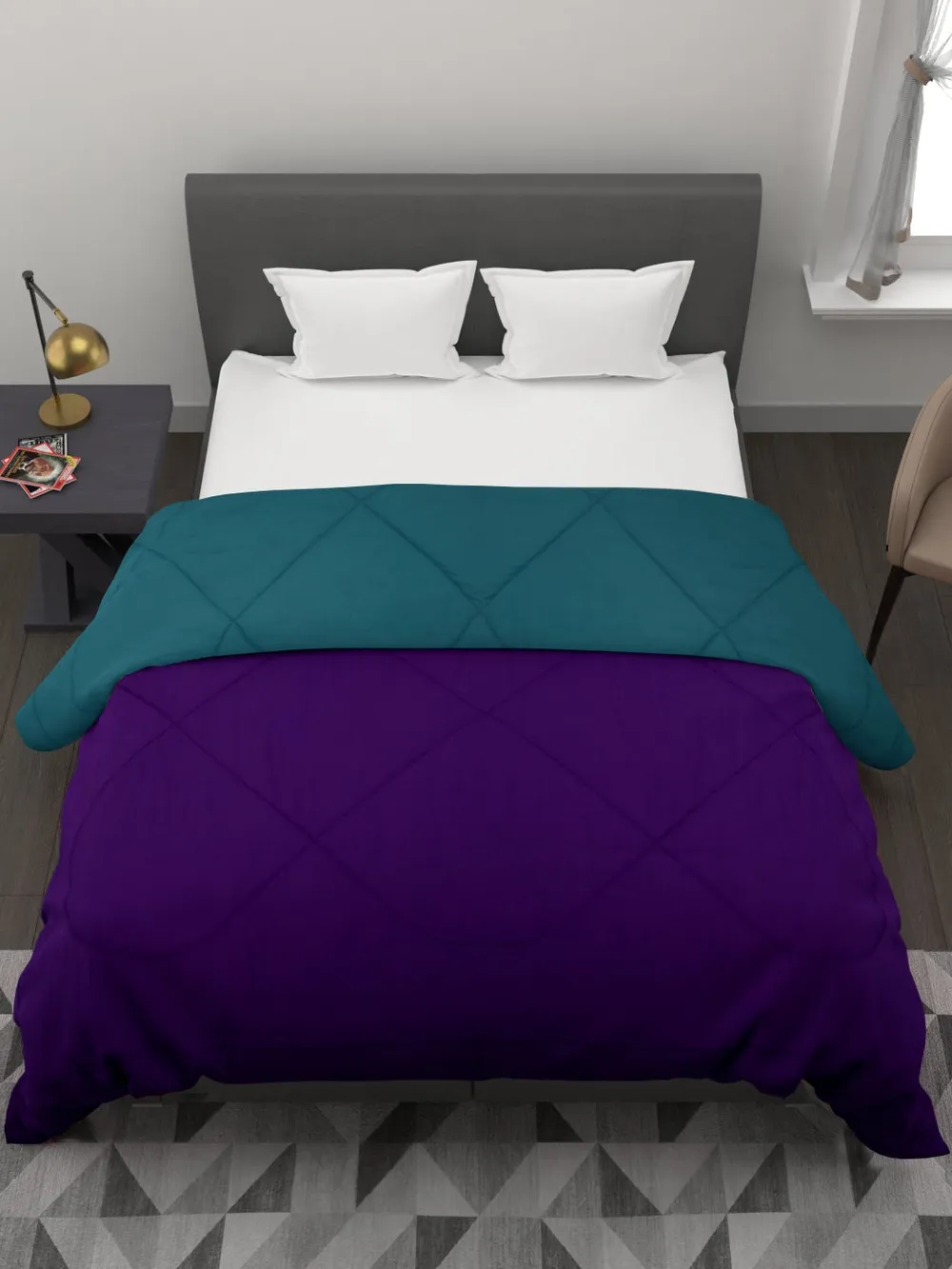 Clasiko Violet & Sea Green King Size Double Bed Reversible Comforter- 220 GSM