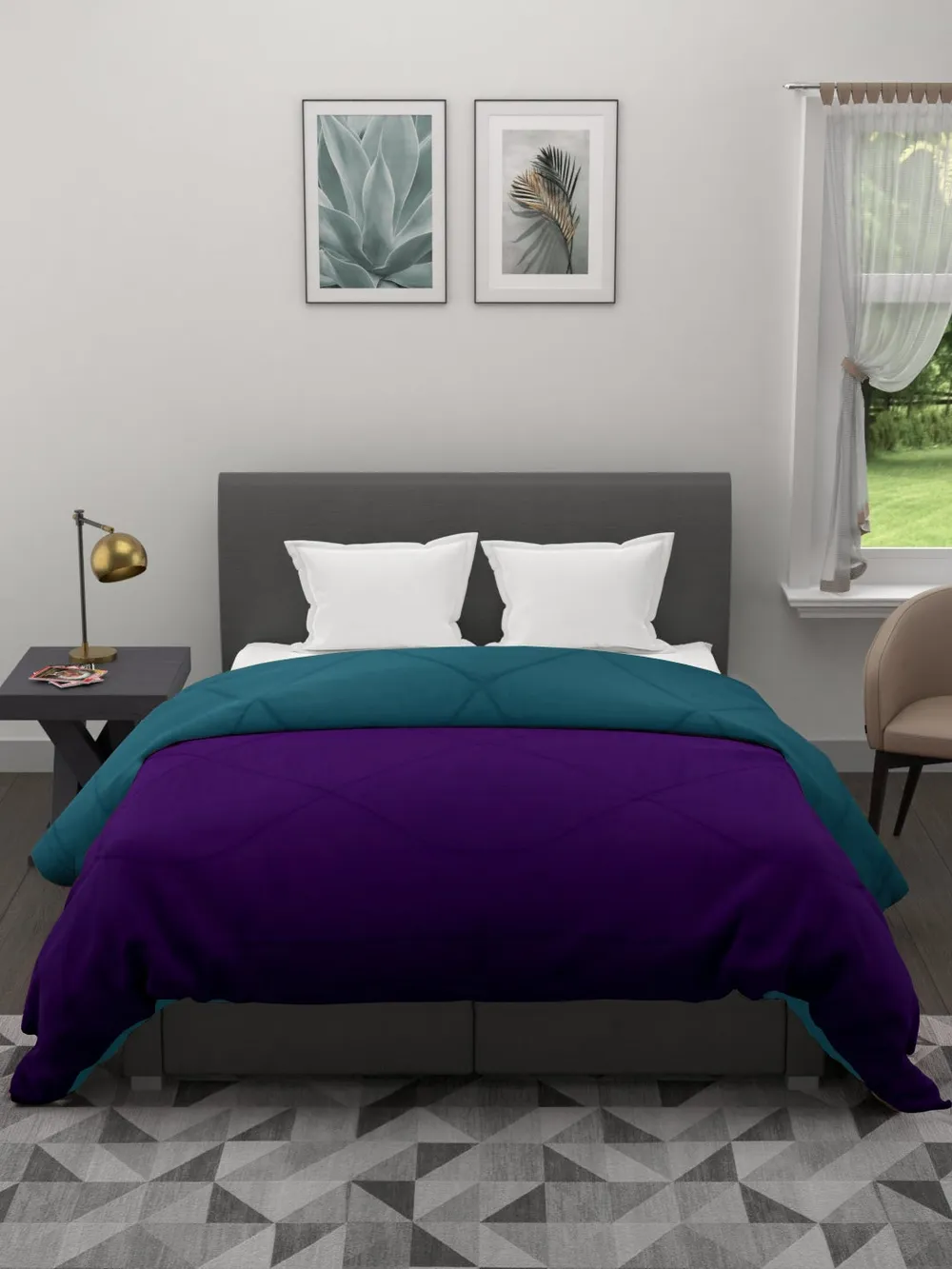 Clasiko Violet & Sea Green King Size Double Bed Reversible Comforter- 220 GSM