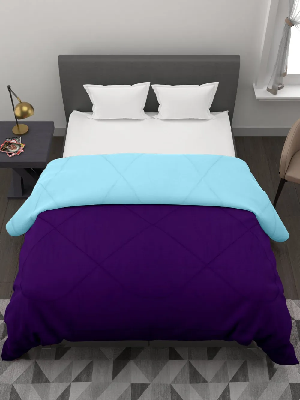 Clasiko Violet & Sky Blue King Size Double Bed Reversible Comforter- 220 GSM