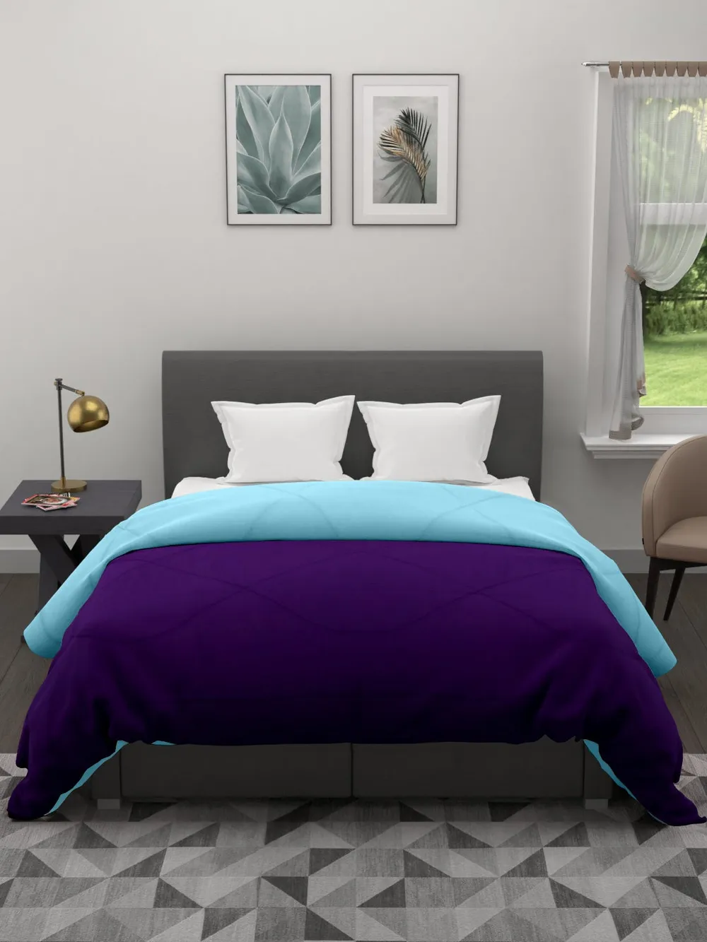 Clasiko Violet & Sky Blue King Size Double Bed Reversible Comforter- 220 GSM