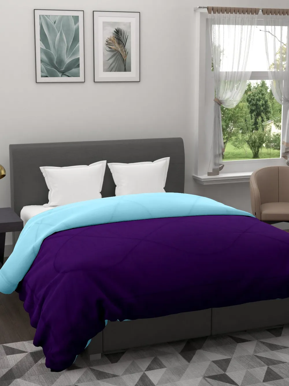 Clasiko Violet & Sky Blue King Size Double Bed Reversible Comforter- 220 GSM