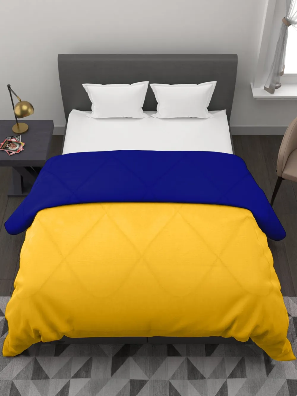 Clasiko Yellow & Blue King Size Double Bed Reversible Comforter- 220 GSM
