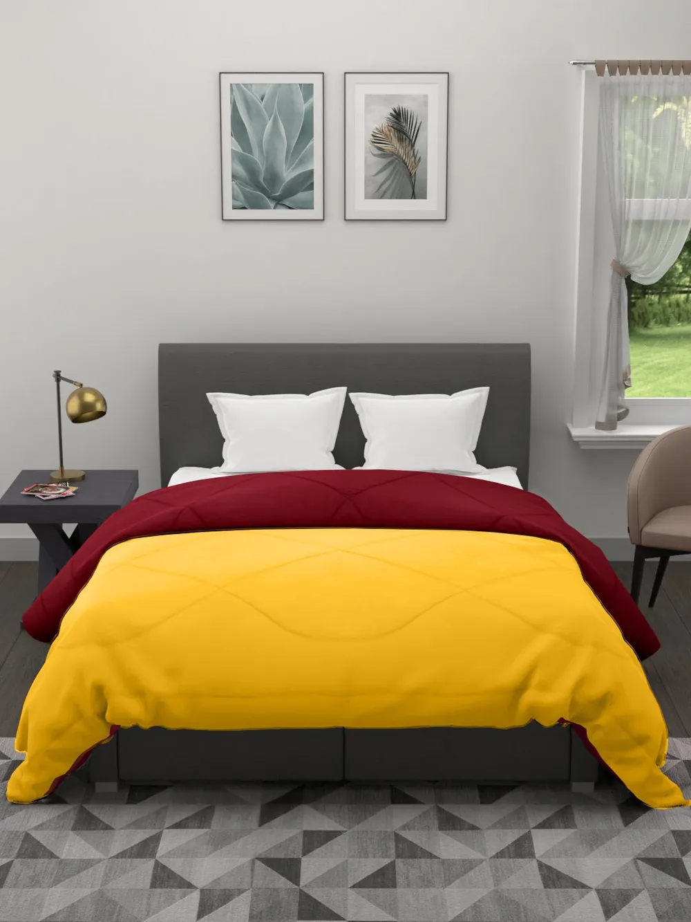 Clasiko Yellow & Maroon King Size Double Bed Reversible Comforter- 220 GSM