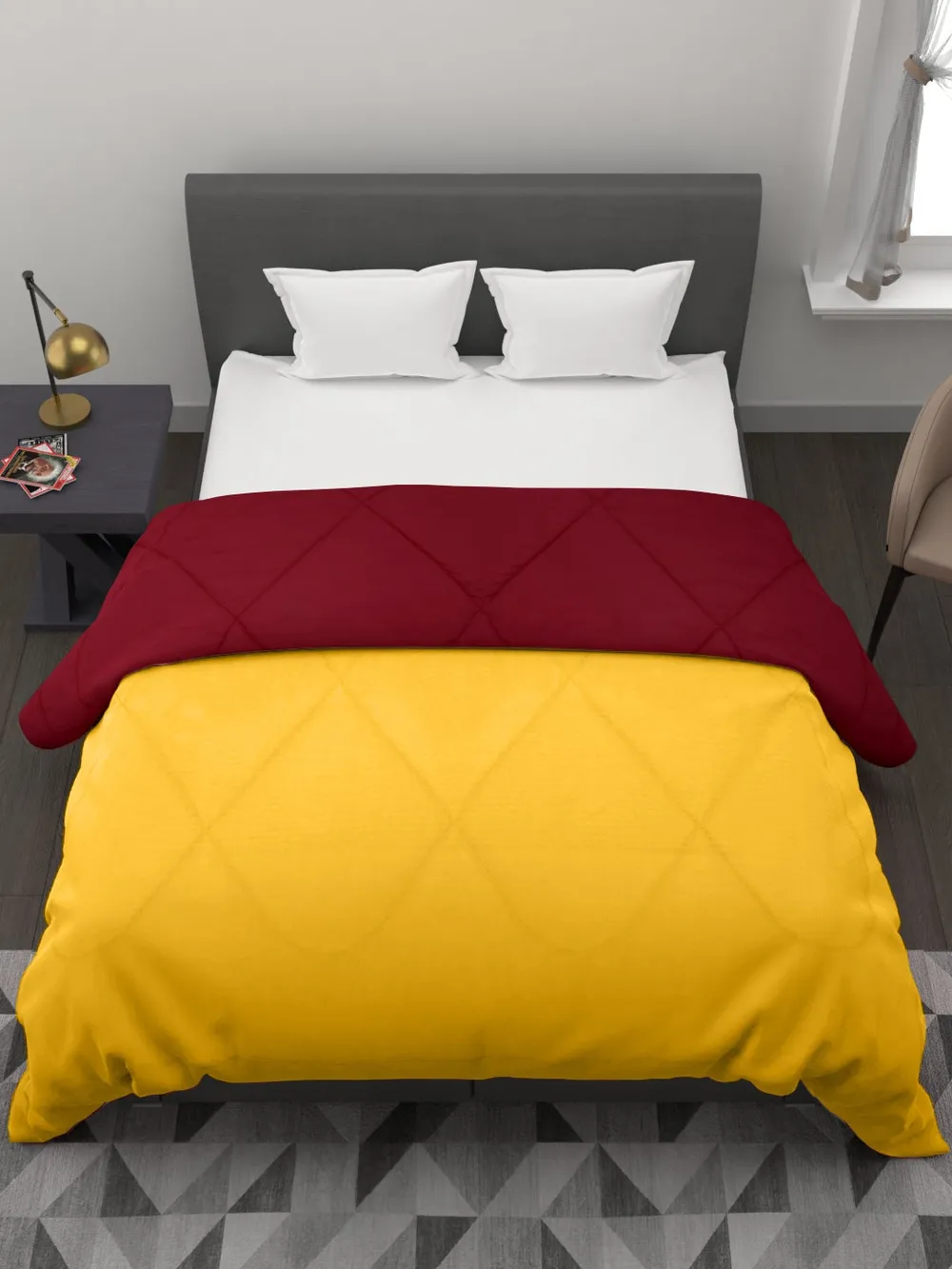 Clasiko Yellow & Maroon King Size Double Bed Reversible Comforter- 220 GSM