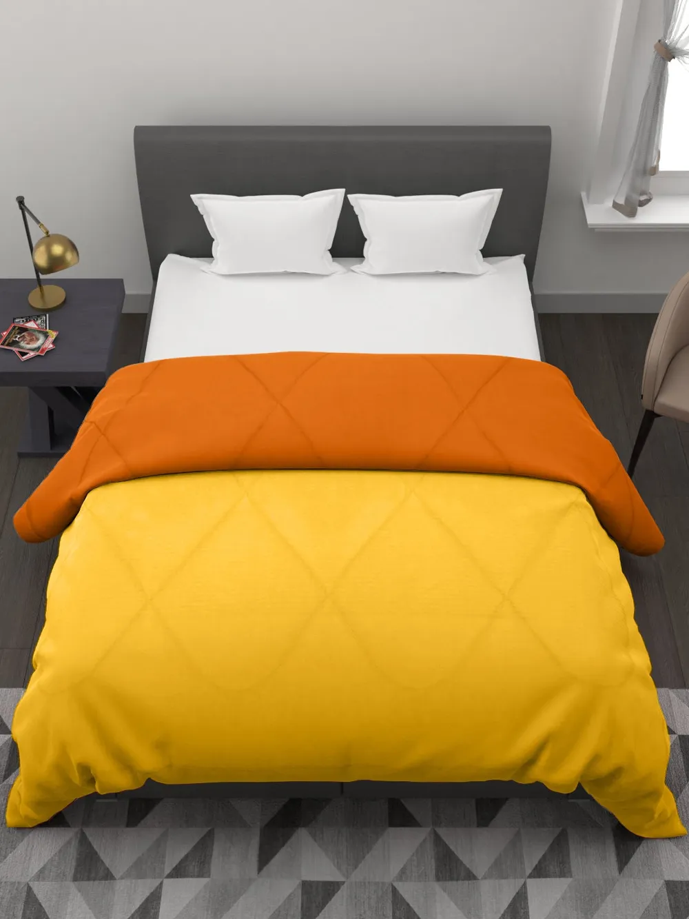 Clasiko Yellow & Orange King Size Double Bed Reversible Comforter- 220 GSM