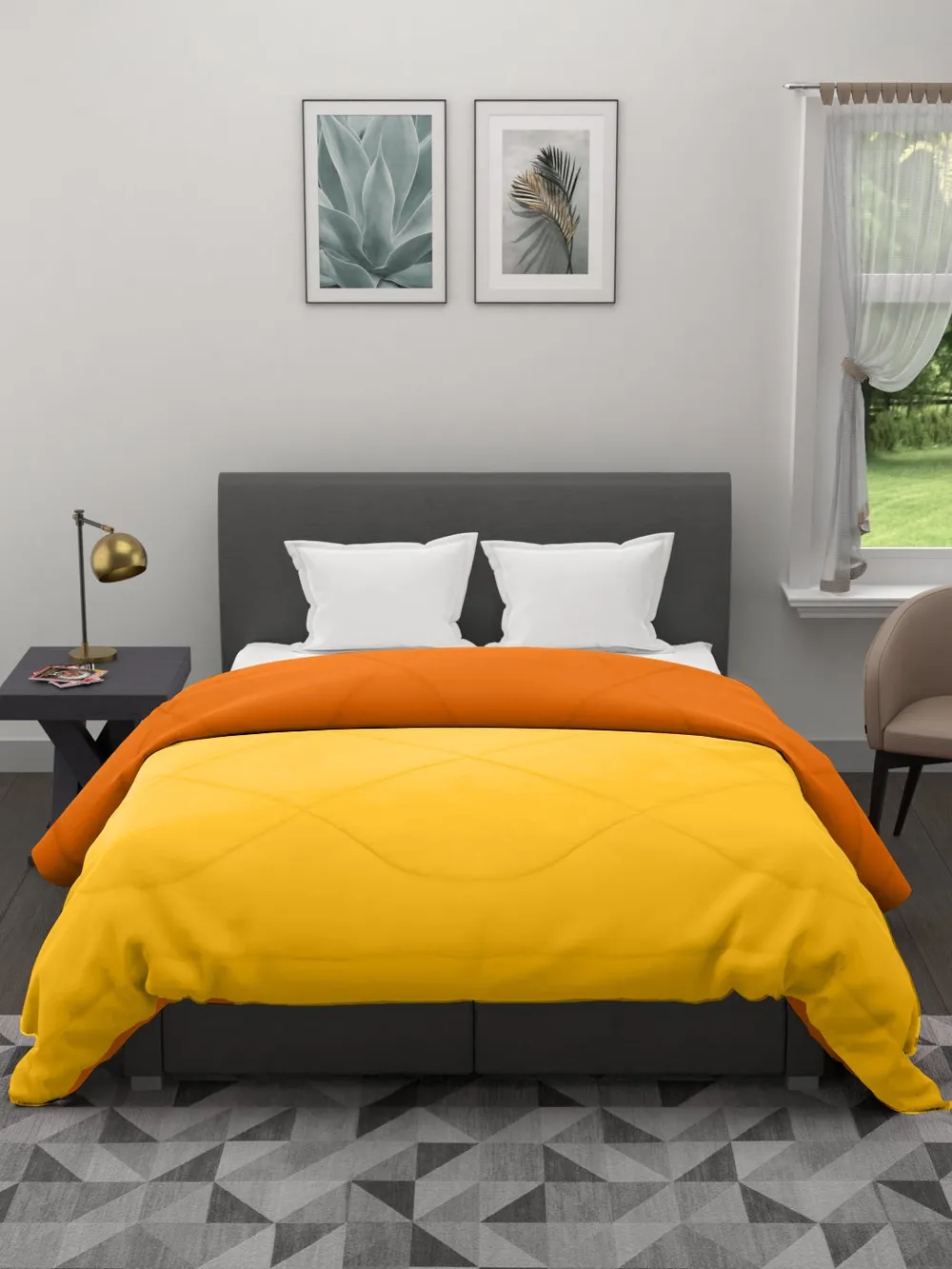 Clasiko Yellow & Orange King Size Double Bed Reversible Comforter- 220 GSM